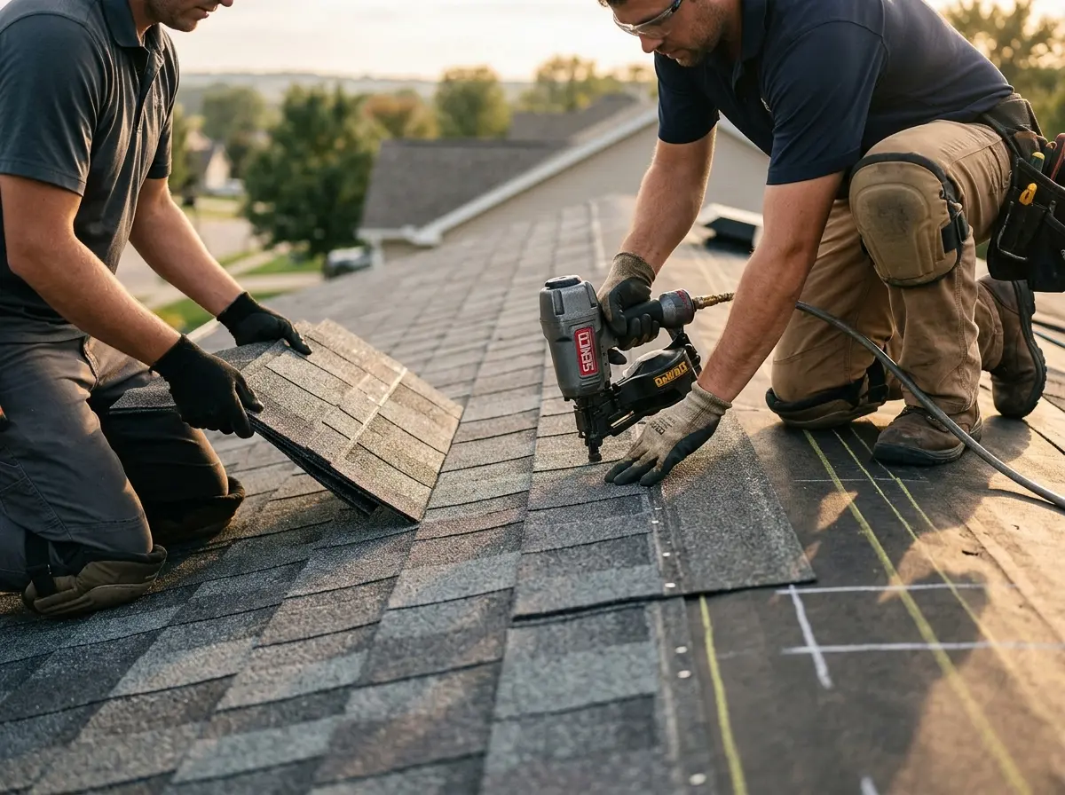 Professional roofer working on a residential roof in Childress